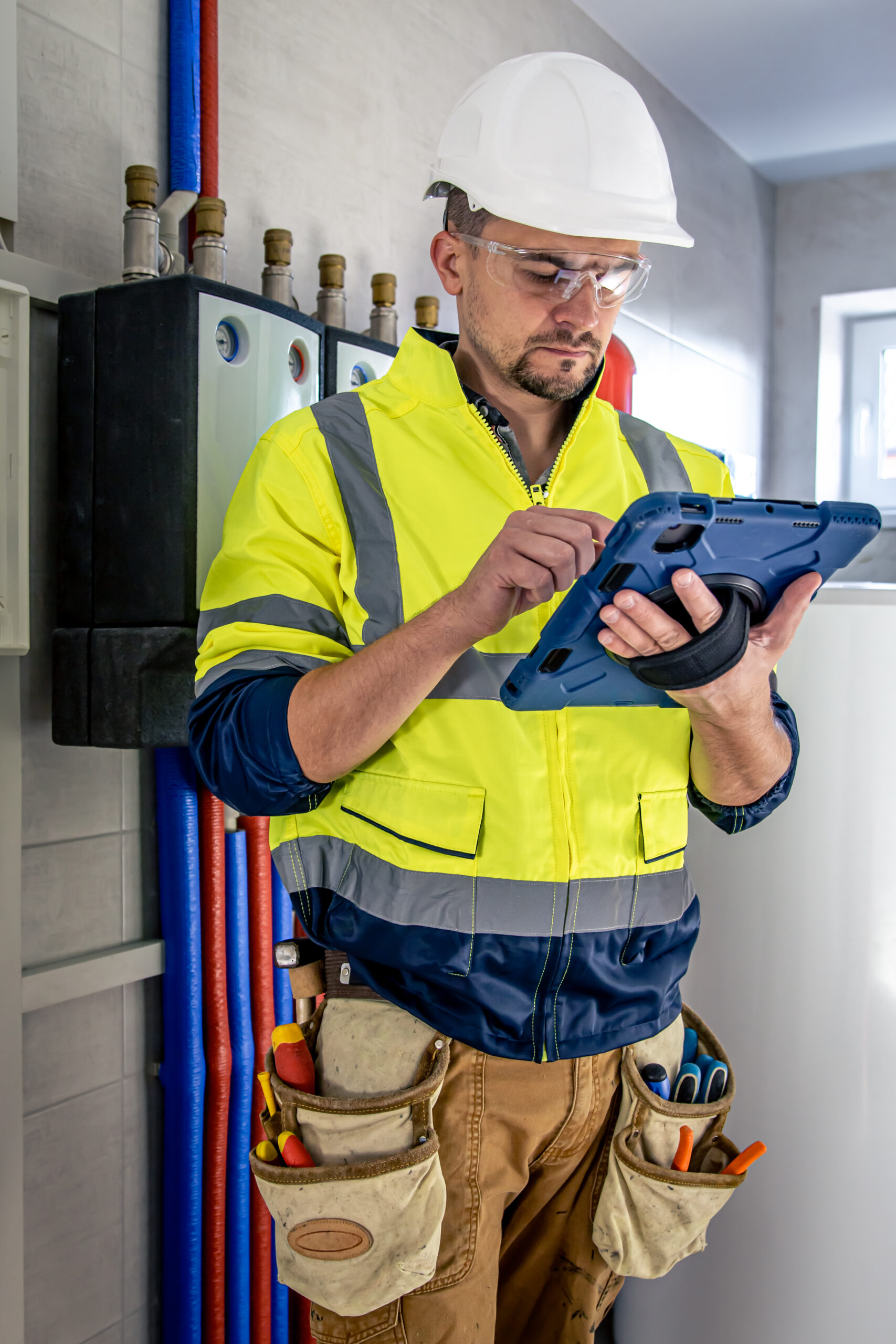 Technician in safety gear using tablet.