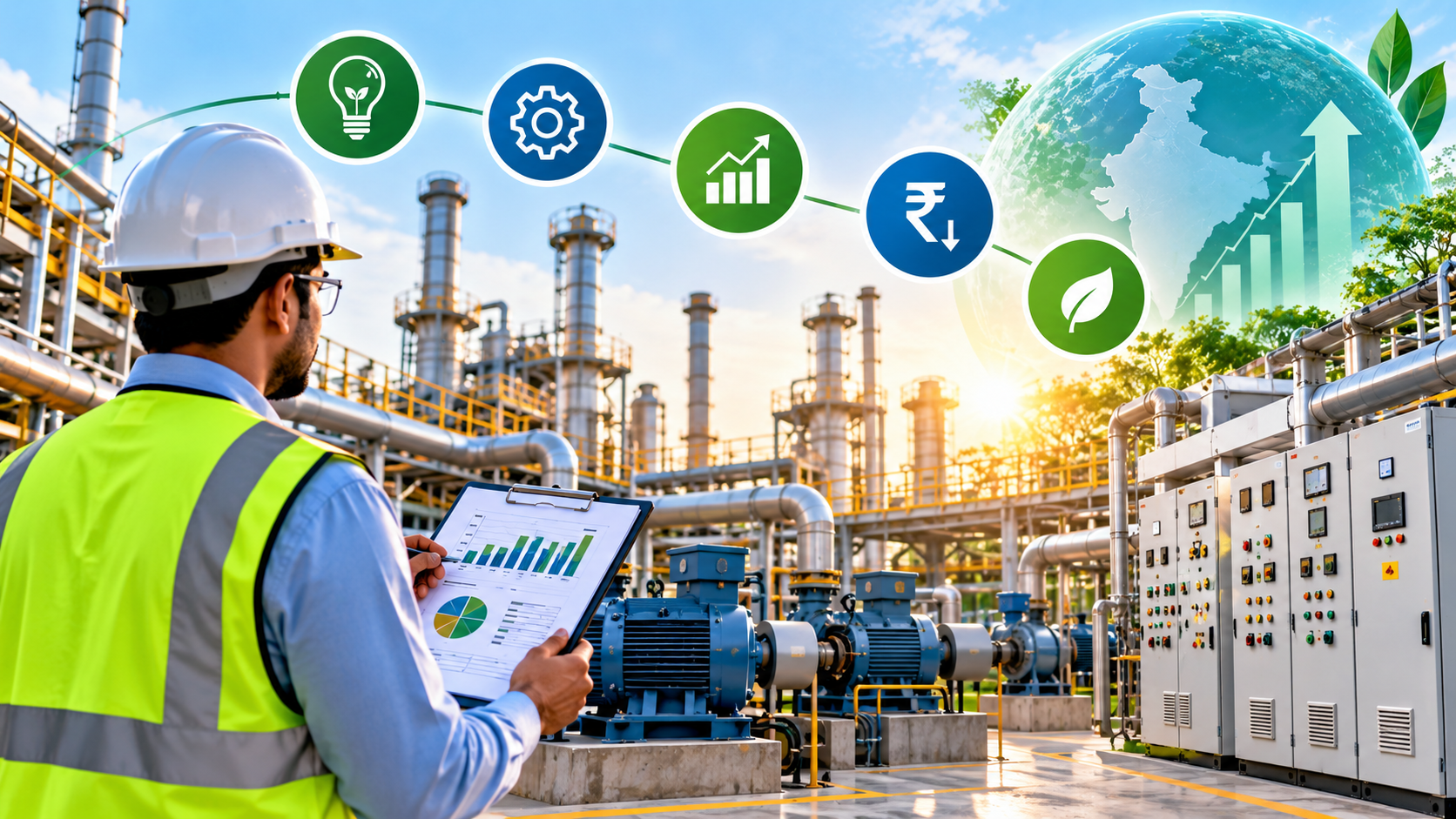 Industrial energy audit in India showing an engineer analyzing energy efficiency, electrical systems and energy-saving opportunities