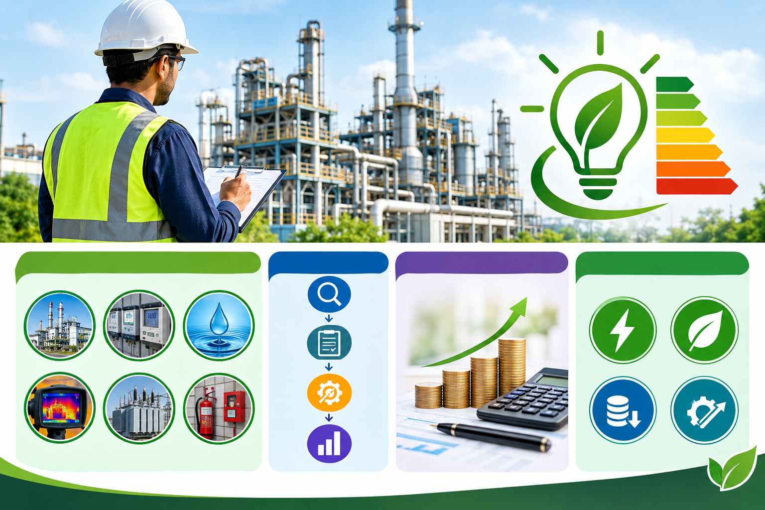 Engineer conducting an energy audit with a power analyser in an industrial plant