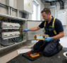 Technician performing loop impedance testing with a loop impedance tester
