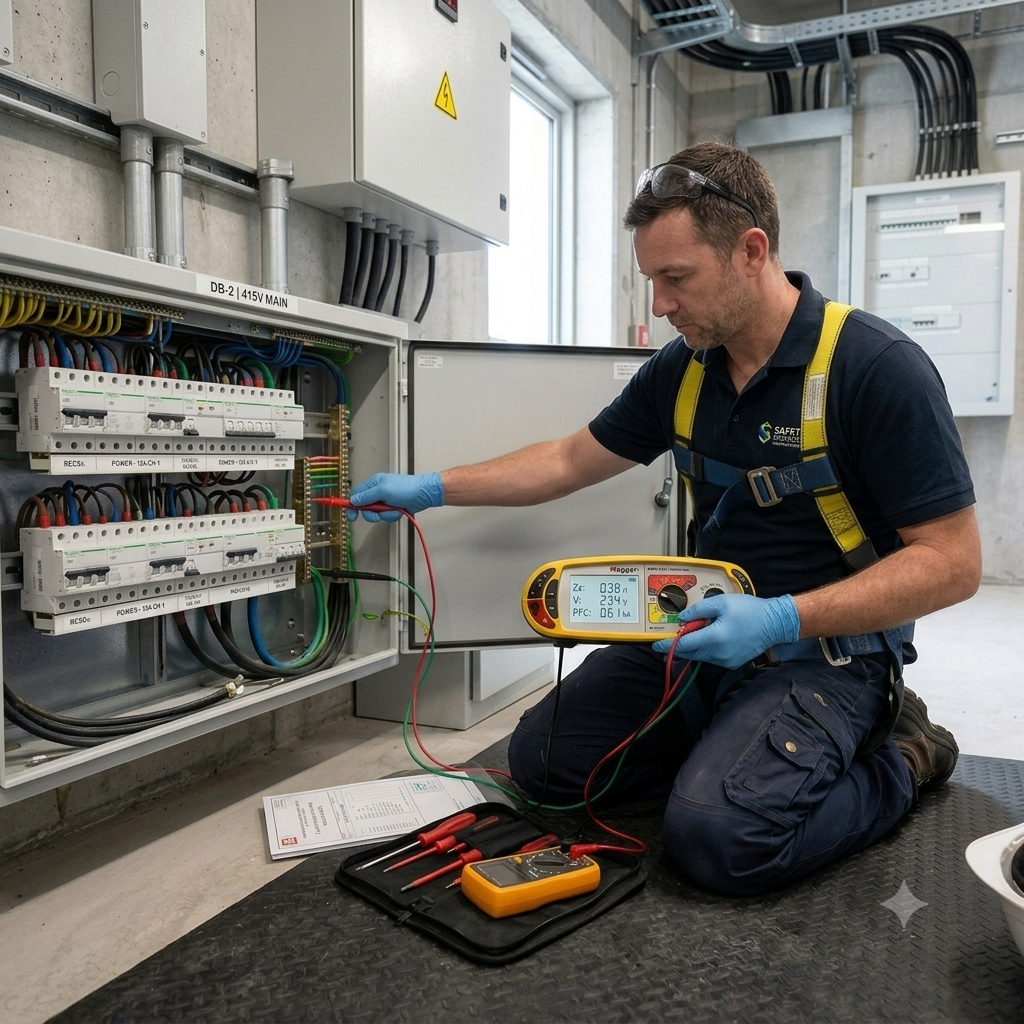 Technician performing loop impedance testing with a loop impedance tester